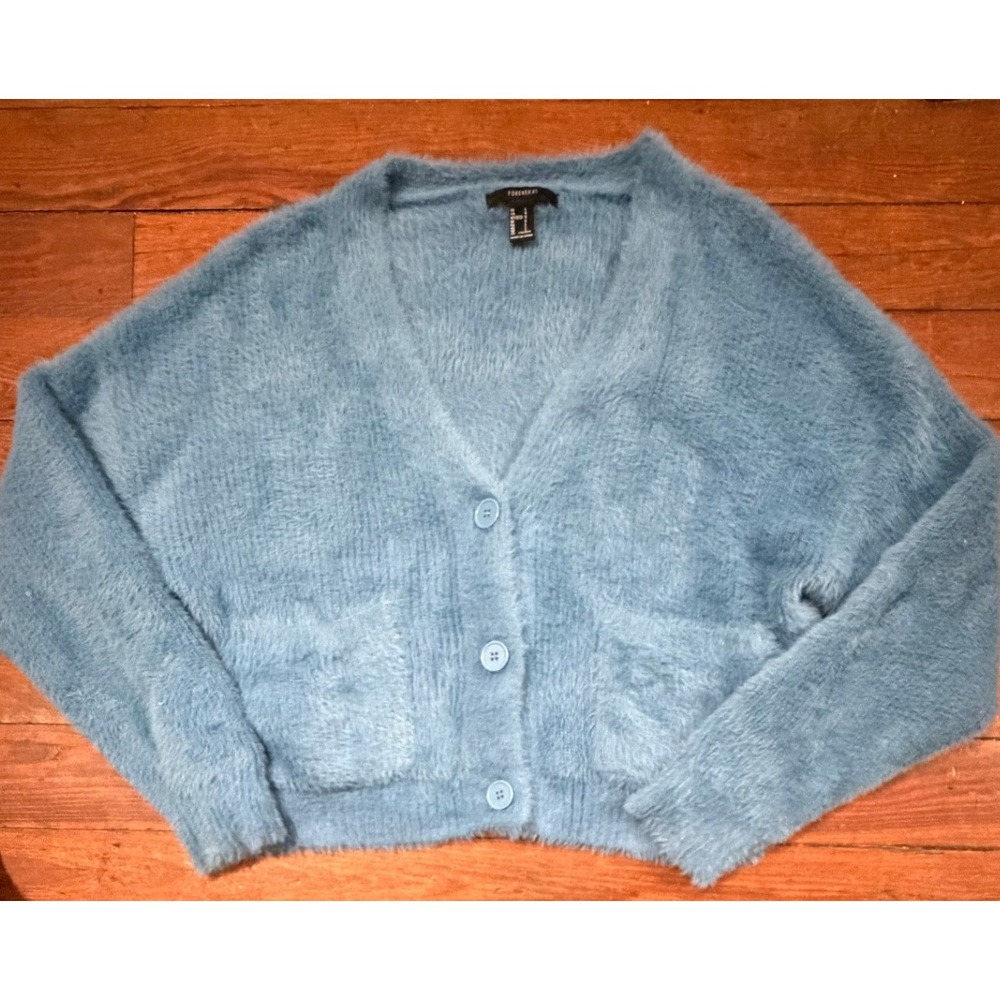 Forever 21 Blue Fuzzy Eyelash Knit Button Front Cardigan Sweater‎ Large L